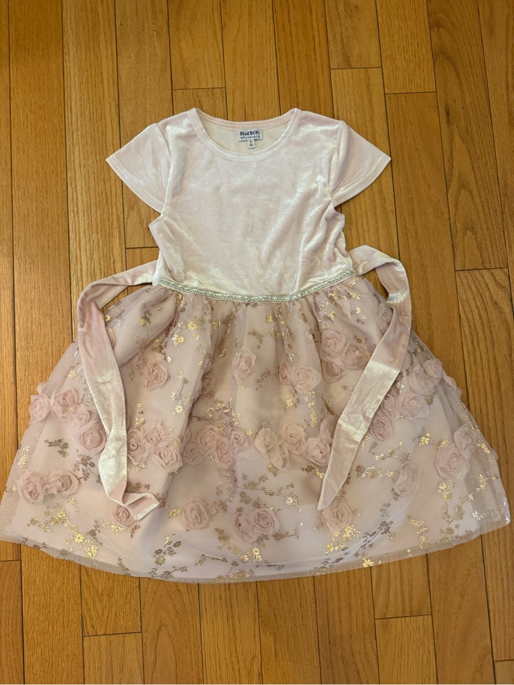 Blueberi Boulevard Blush Pink Velvet & Gold-Accent Floral Tulle Dress, girls 8